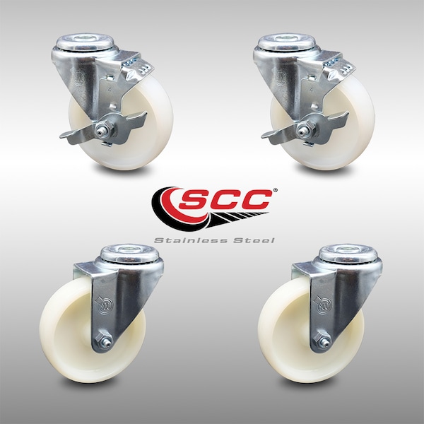 4 Inch SS Nylon Wheel Swivel Bolt Hole Caster Set with 2 Brakes